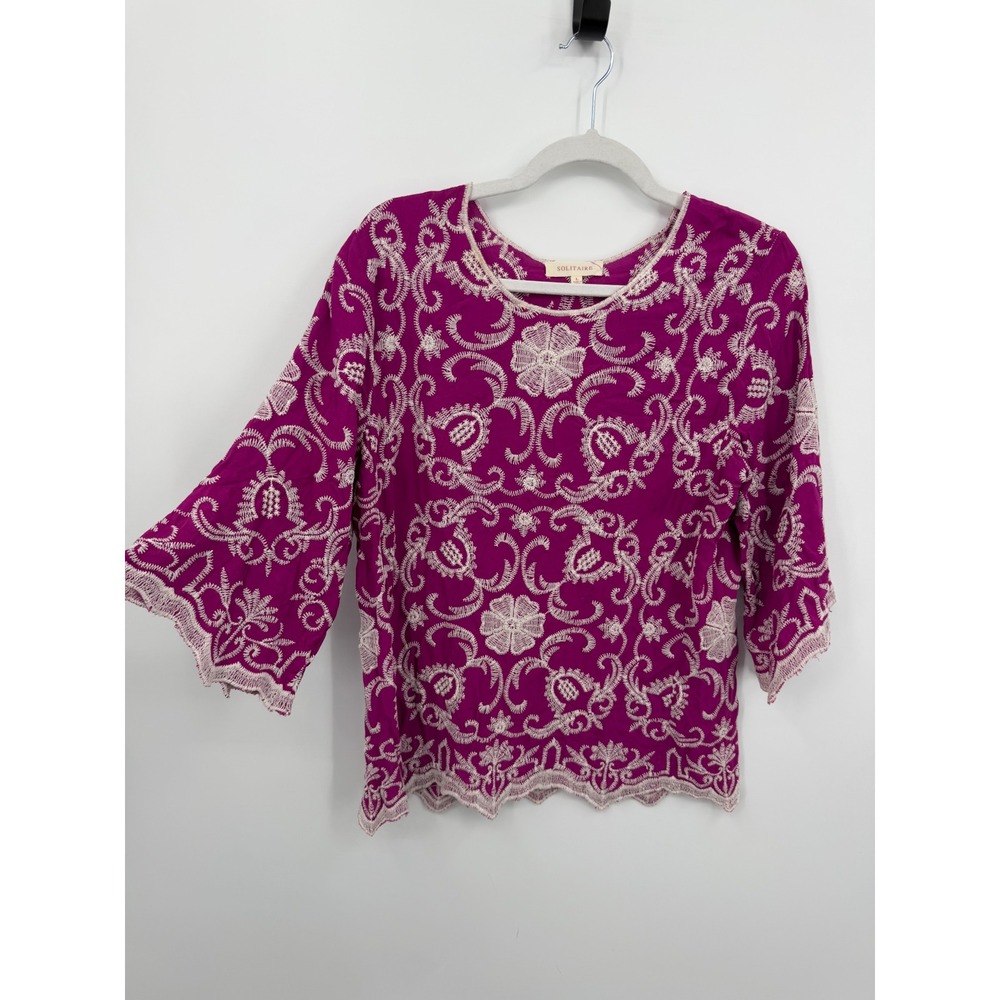 Solitaire Embroidered Blouse Women L Purple 3/4 Bell Sleeve Scalloped Hem Top
